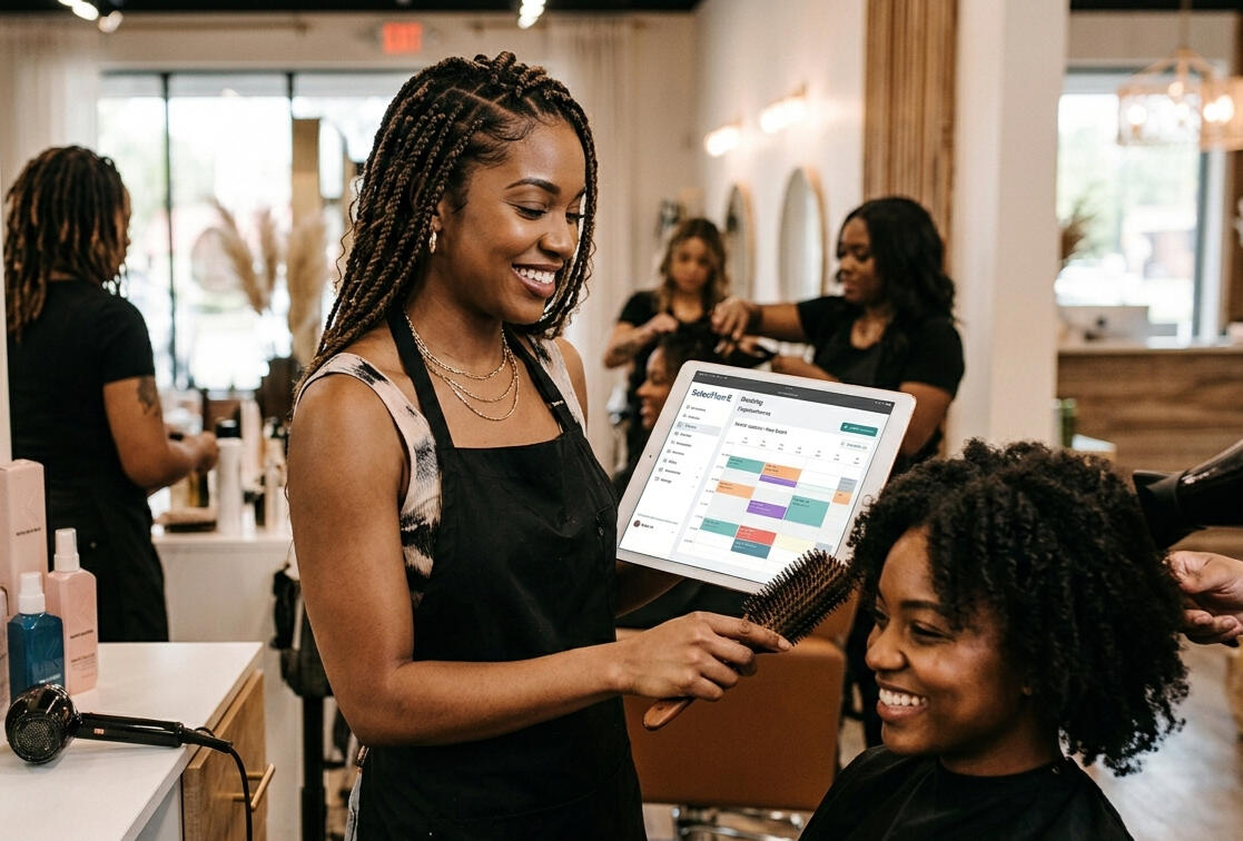 Placeholder image of a modern, clean salon station with gold or marble accents